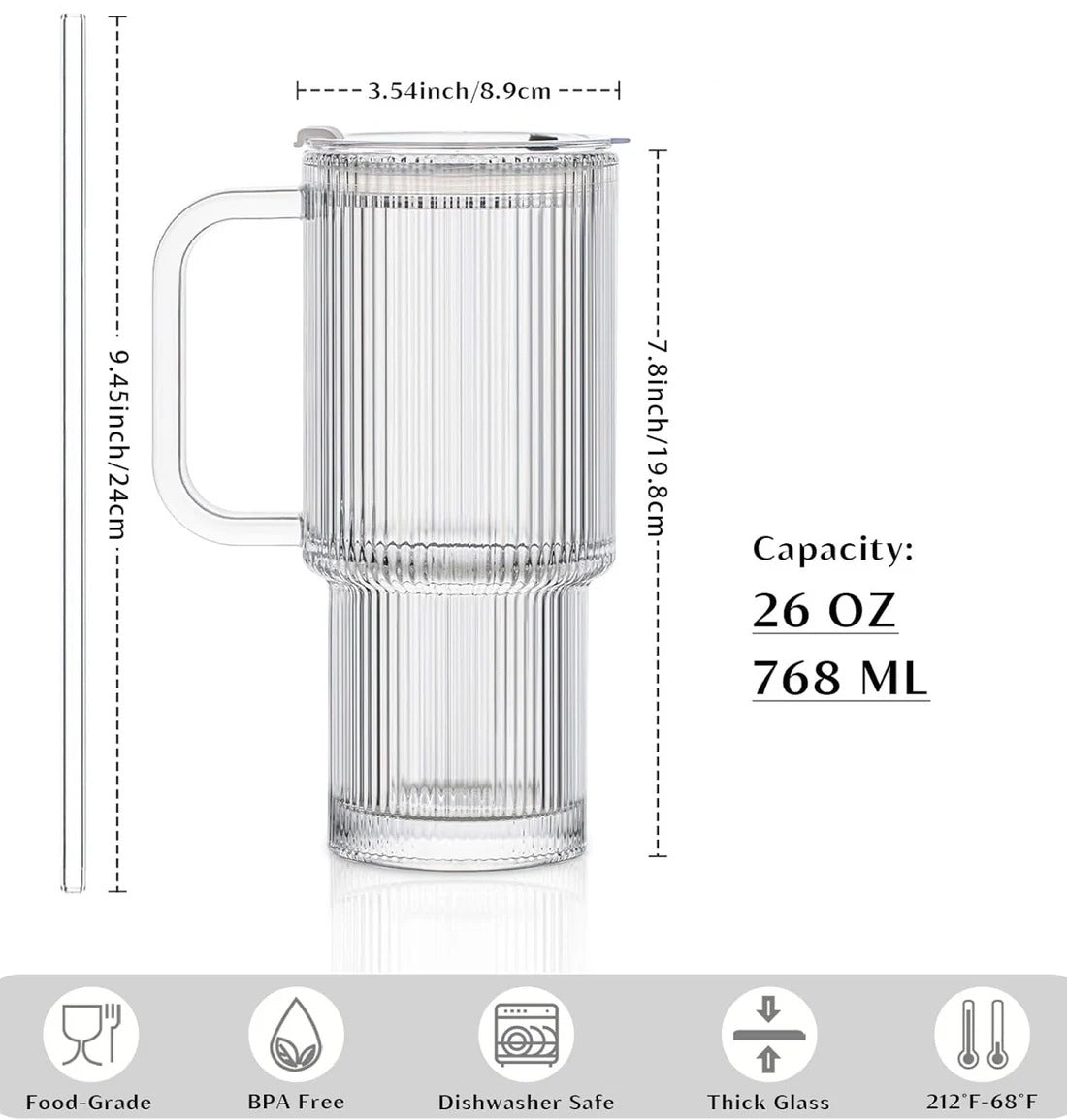 26oz Ribbed Fluted Glass Tumbler with Handle & Reusable Straw, Lid (750ml)