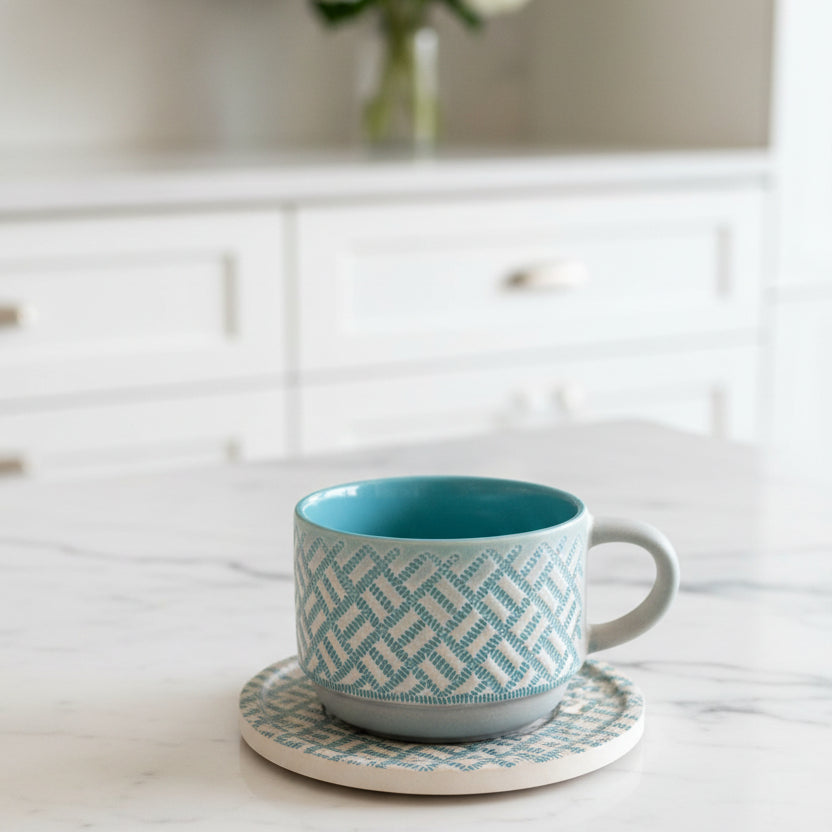 Danny Home™ Embossed Ceramic Tea Cup & Saucer 6 pcs Set – 230ml