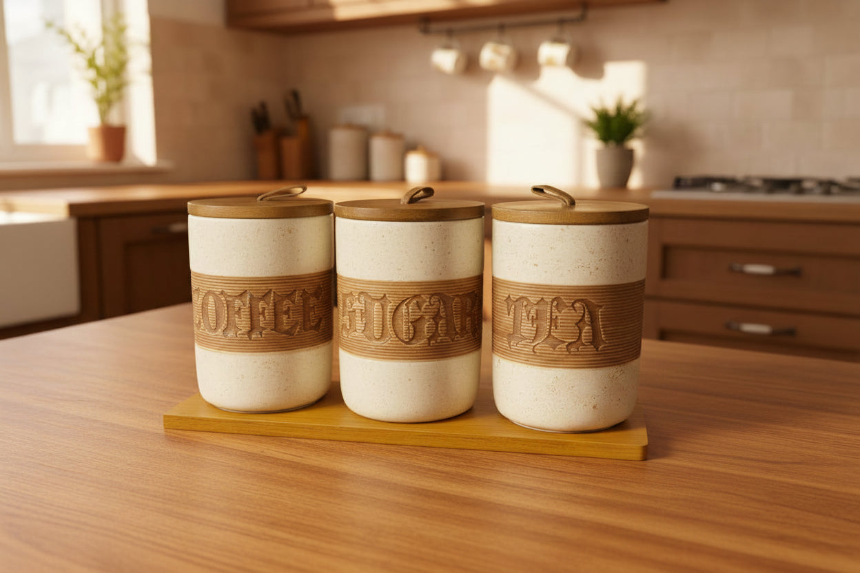 Ceramic Tea Coffee Sugar Canister Set with Wooden Lids - My Store
