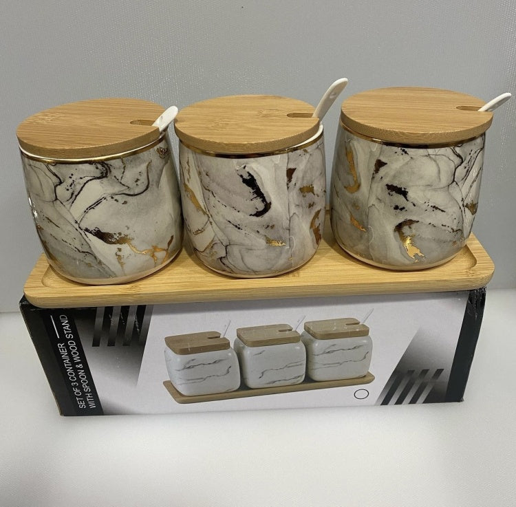Premium Grey Aurora Marble Ceramic Condiment Jar Set – 3 Pieces (350ml Each)