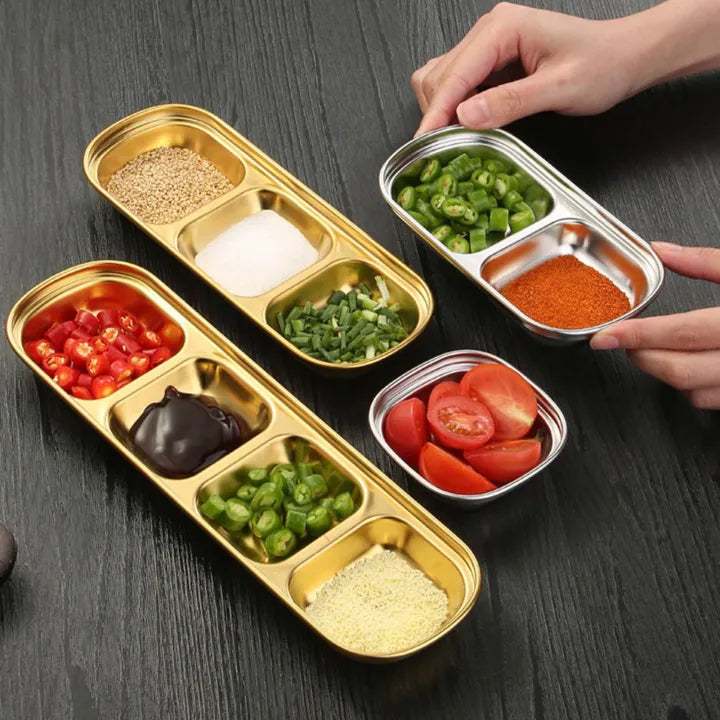 3-Compartment Stainless Steel Sauce & Condiment Tray (Golden) - My Store