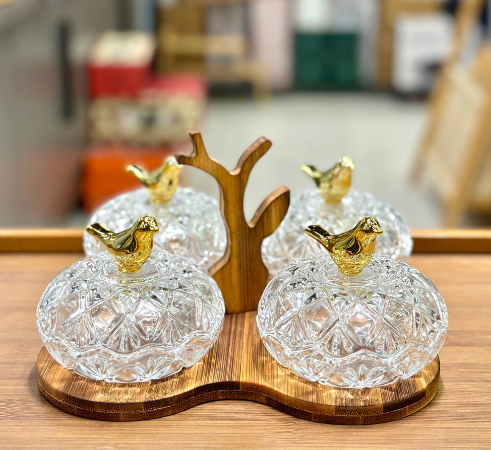 Premium 4-Piece Crystal Glass Bird Lid Dry Fruit & Snack Serving Set with Wooden Tree-Shaped Stand