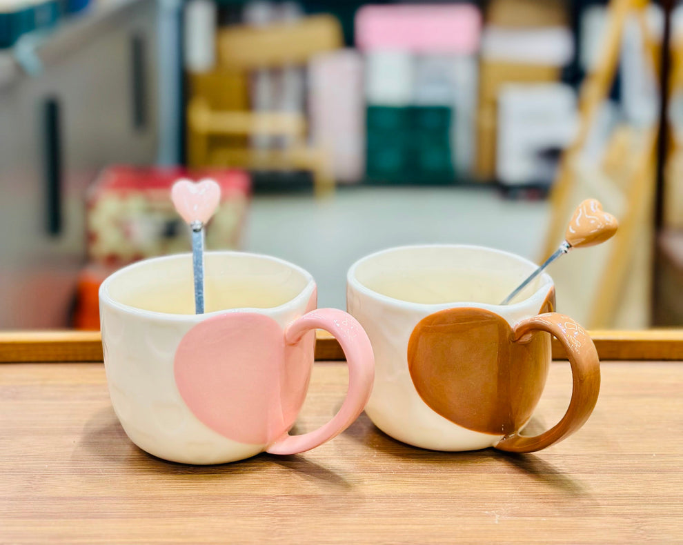 SweetHeart Ceramic Mug Gift Set with Heart Spoons – 2 Pieces (350ml)