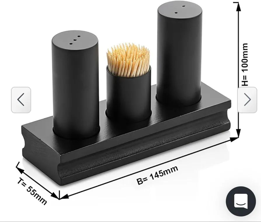 Modern Matte Black Marble Salt & Pepper Shaker Set with Toothpick Holder & Wooden Base
