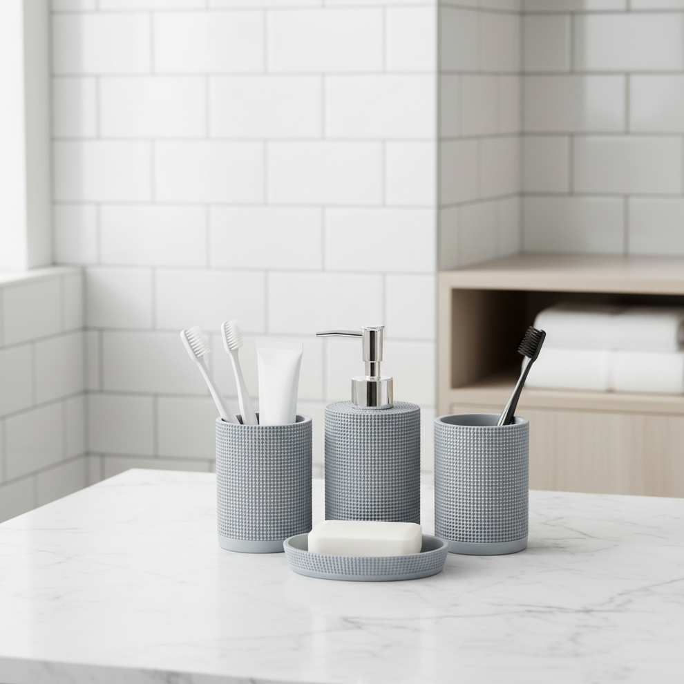 Aesthetic 4-Piece Woven Texture Bathroom Accessory Set