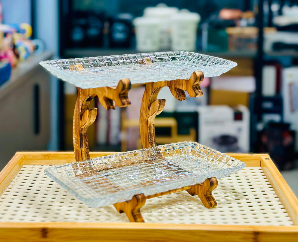 2-Tier Crystal Glass Serving Tray with Decorative Wooden Stand