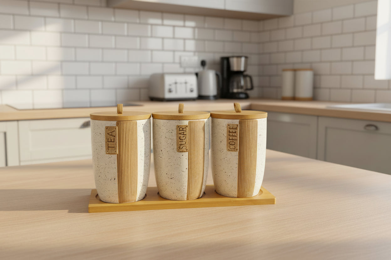 Ceramic Tea Coffee Sugar Canister Set with Wooden Lids - My Store