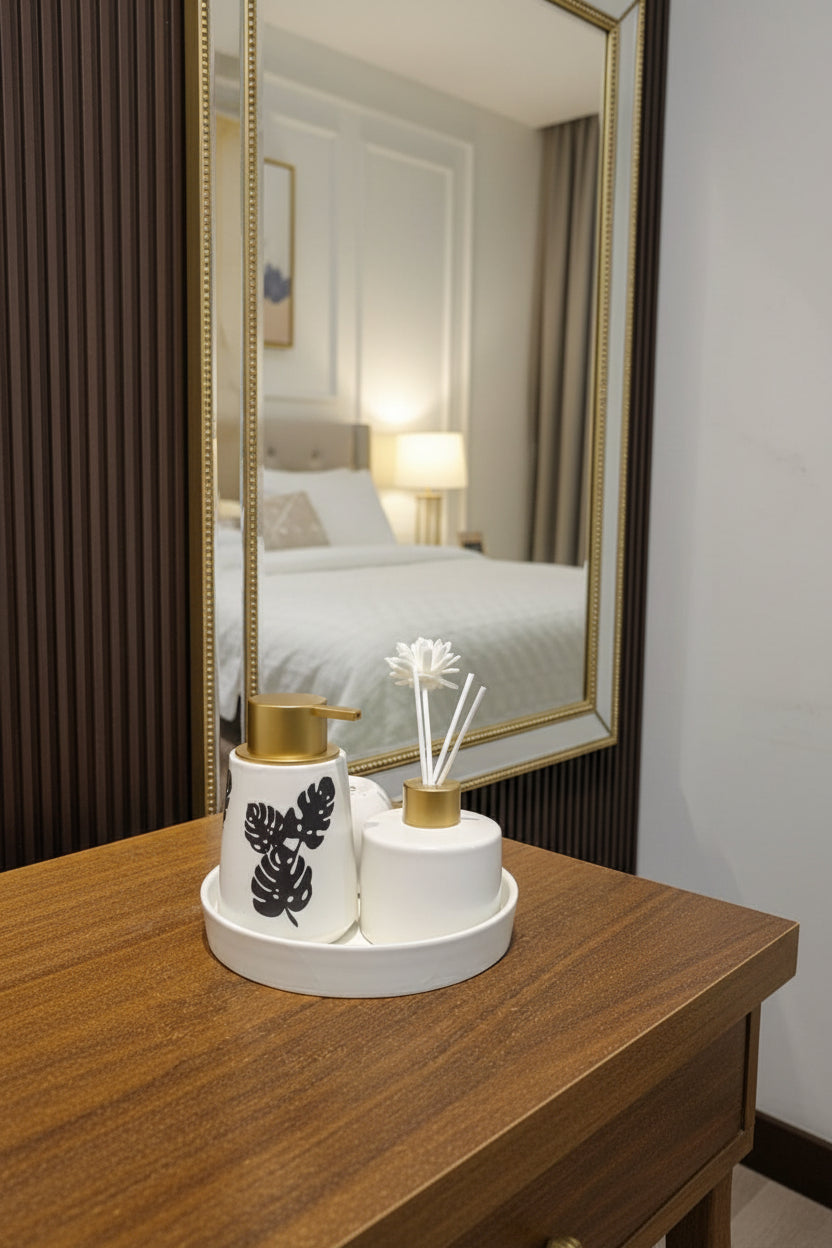 Monstera Ceramic Bathroom & Aroma Vanity Set (BP-14)
