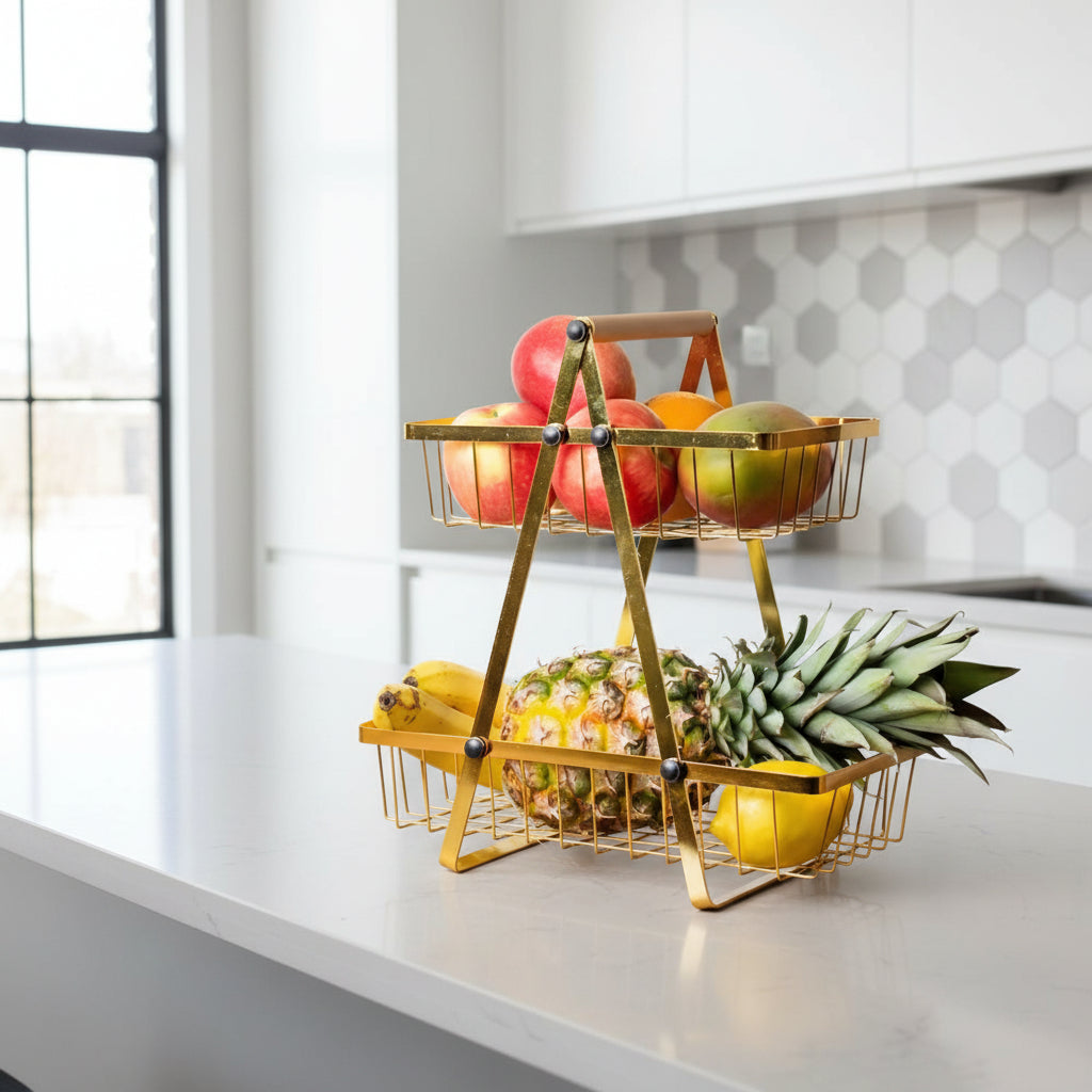 2-Tier Metal Golden Fruit Basket - My Store