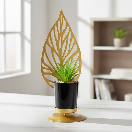 Golden Metal Leaf With Pot Table Plant Showpiece - My Store