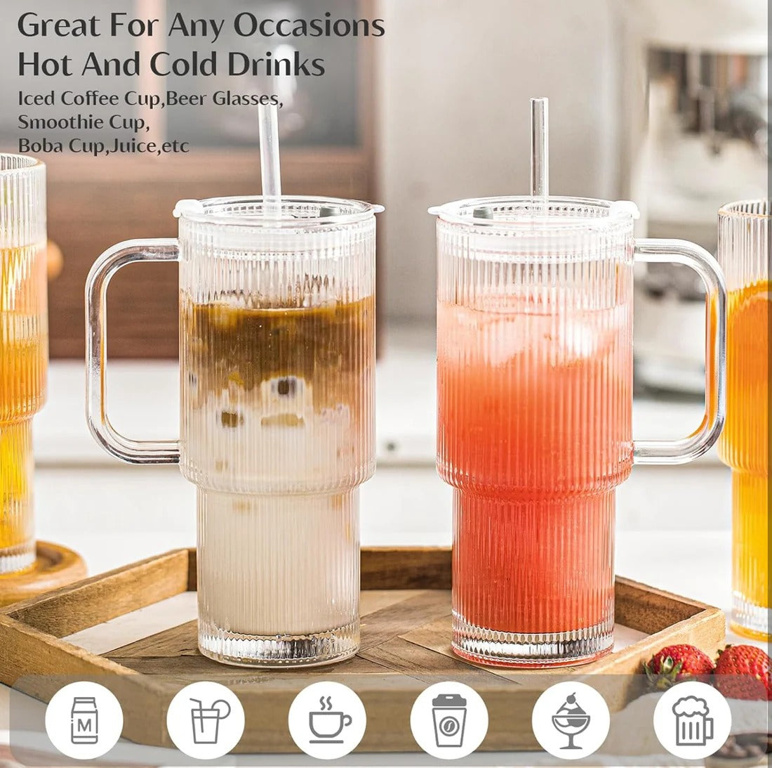 26oz Ribbed Fluted Glass Tumbler with Handle & Reusable Straw, Lid (750ml)