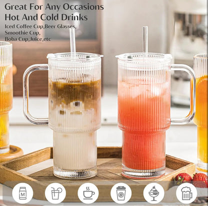 26oz Ribbed Fluted Glass Tumbler with Handle & Reusable Straw, Lid (750ml)