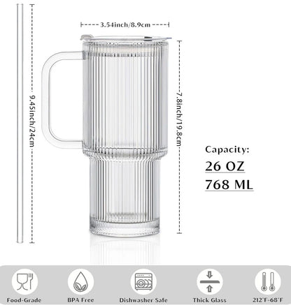 26oz Ribbed Fluted Glass Tumbler with Handle & Reusable Straw, Lid (750ml)
