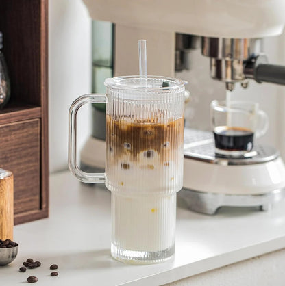 26oz Ribbed Fluted Glass Tumbler with Handle & Reusable Straw, Lid (750ml)