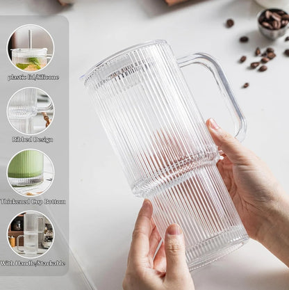 26oz Ribbed Fluted Glass Tumbler with Handle & Reusable Straw, Lid (750ml)