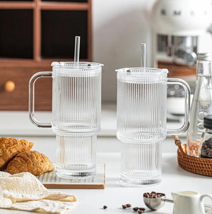 26oz Ribbed Fluted Glass Tumbler with Handle & Reusable Straw, Lid (750ml)