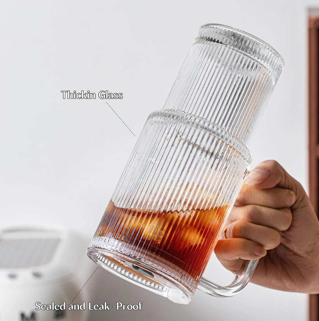 26oz Ribbed Fluted Glass Tumbler with Handle & Reusable Straw, Lid (750ml)
