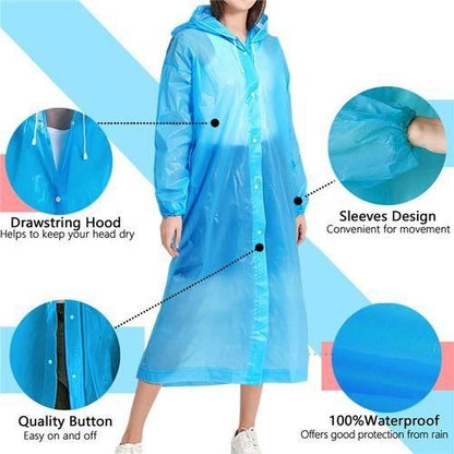Unisex Lightweight Reusable Waterproof Pocket Raincoat with Hood & Drawstring