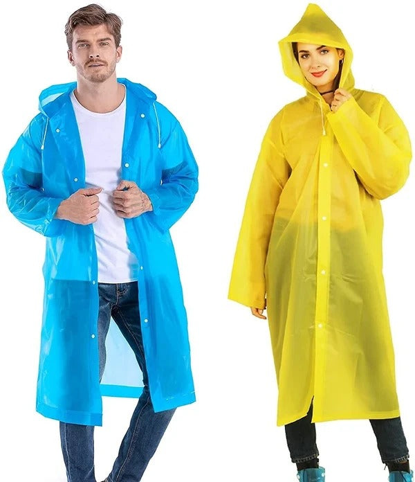 Unisex Lightweight Reusable Waterproof Pocket Raincoat with Hood & Drawstring