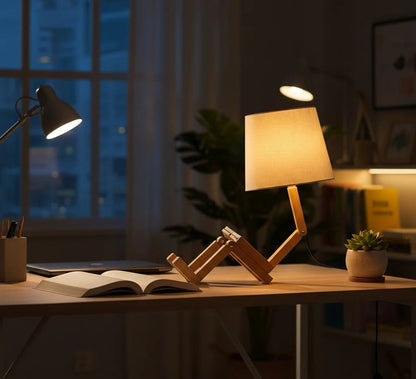 Unique Wood Robot Book Stand & Table Lamp