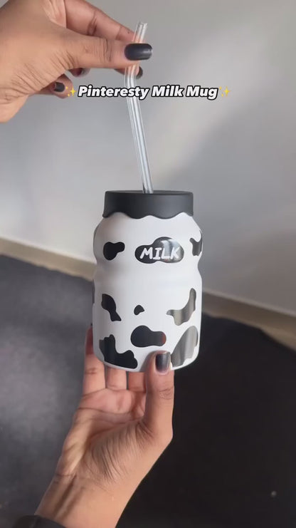 Ceramic Cow Print Milk Bottle Tumbler with Silicone Lid & Glass Straw