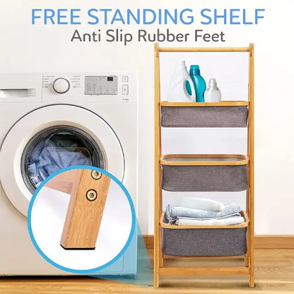 2/3-Tier Natural Bamboo Storage Rack with Fabric Baskets – Foldable & Multi-Purpose