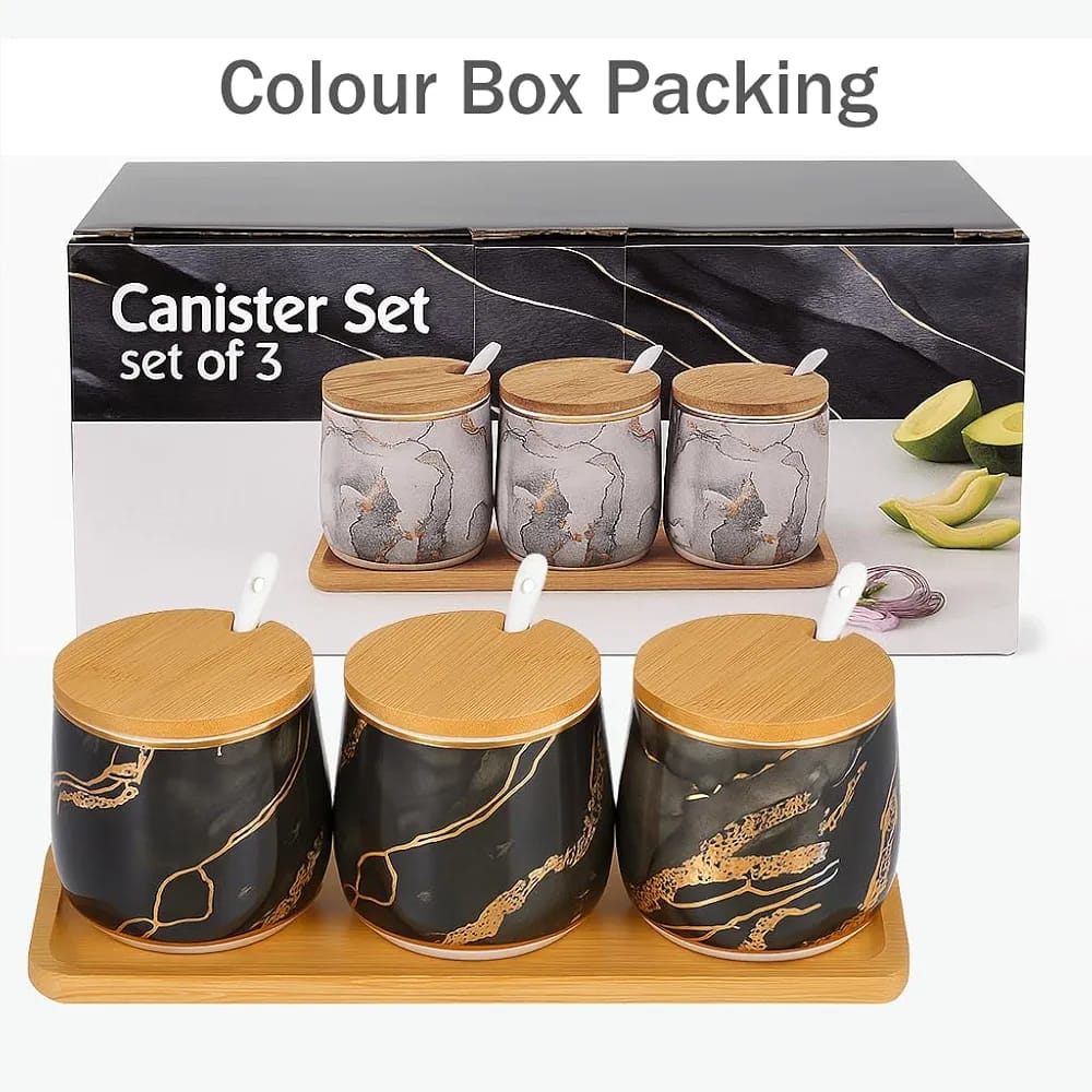 Premium Grey Aurora Marble Ceramic Condiment Jar Set – 3 Pieces (350ml Each)