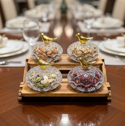 Luxury 4-Jar Crystal Treat Serving Set with Wooden Stand