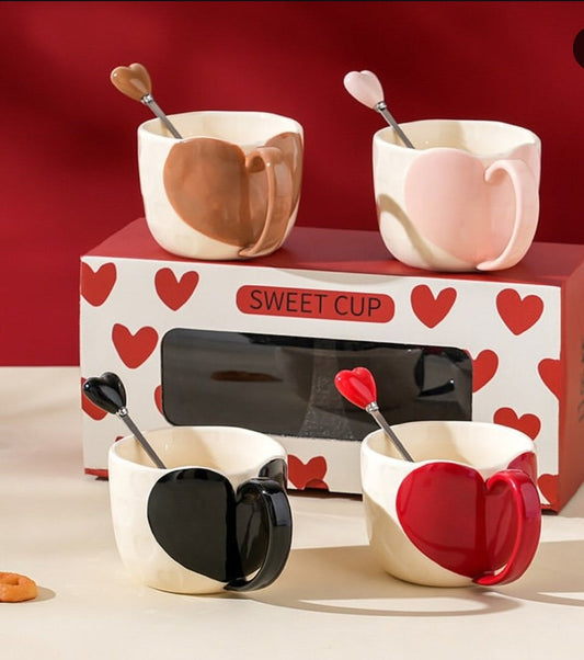 SweetHeart Ceramic Mug Gift Set with Heart Spoons – 2 Pieces (350ml)