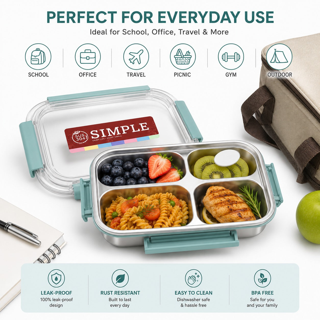 304 Stainless Steel Leak-Proof Lunch Box (1000ml)