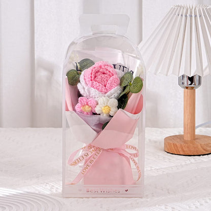 Everlasting Hand-Woven Crochet Flower Bouquet with Mini Bear