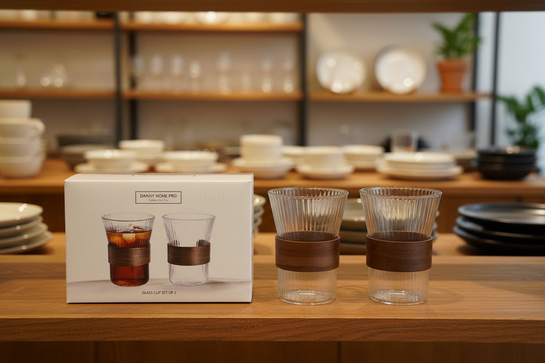 Danny Home Pro Ribbed Glass Cup Set with Wooden Sleeves – 2 Pcs