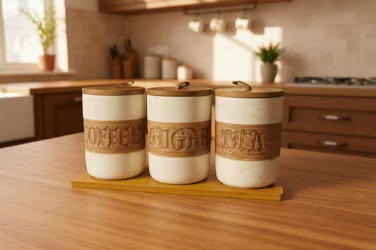 Ceramic Tea Coffee Sugar Canister Set with Wooden Lids - My Store