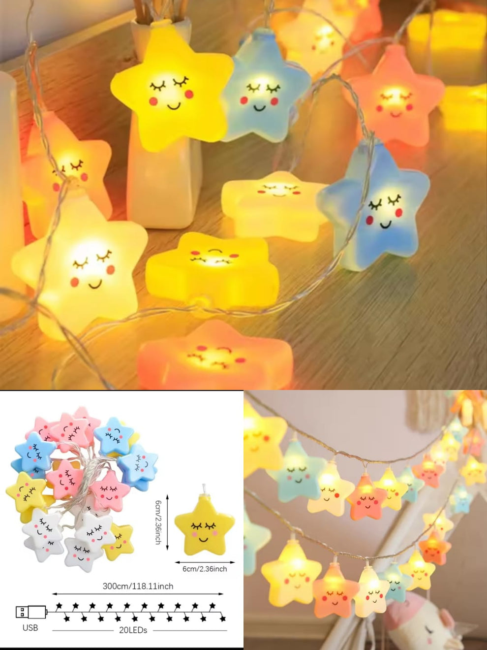 Cute Sleeping Star LED Fairy String Lights (USB Powered) – 20 LEDs | 3M
