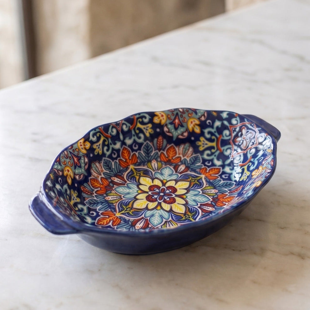9.5-Inch Oval Moroccan Ceramic Serving Bowl with Side Handles