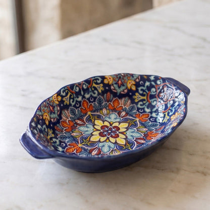 9.5-Inch Oval Moroccan Ceramic Serving Bowl with Side Handles