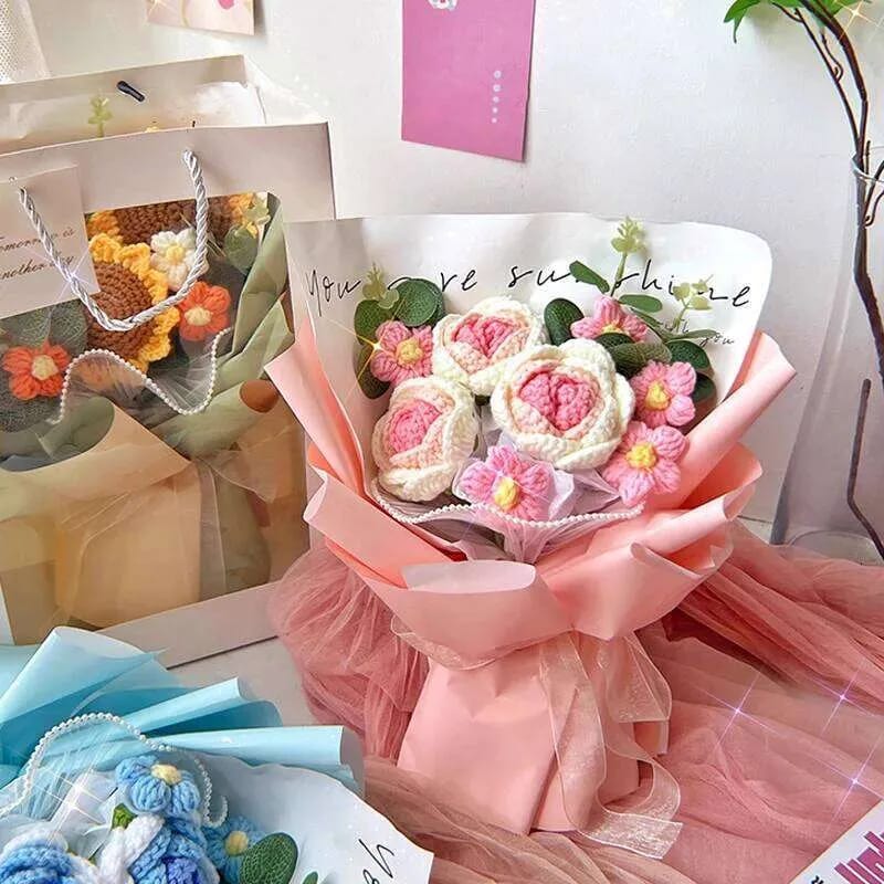 Everlasting Hand-Woven Crochet Flower Bouquet with Mini Bear