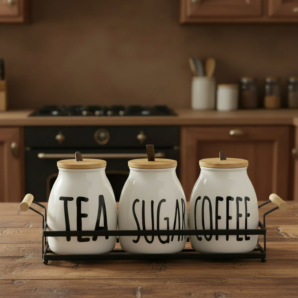 3-Piece Ceramic Tea, Sugar & Coffee Canister Set with Metal Rack & Wooden Lids