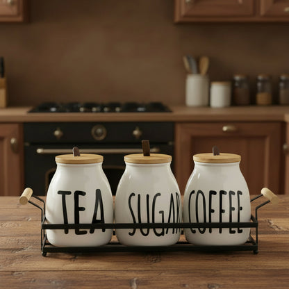 3-Piece Ceramic Tea, Sugar & Coffee Canister Set with Metal Rack & Wooden Lids