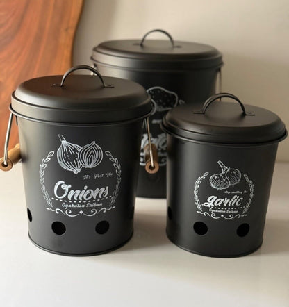 3-Piece Air-Ventilated Metal Canister Set for Potatoes, Onions & Garlic