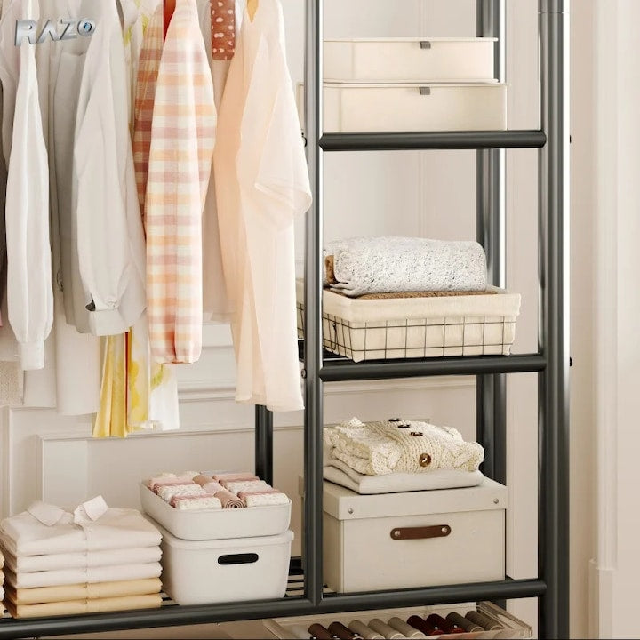 Multifunctional Double-Rod Rolling Garment Rack with Side Shelves - My Store