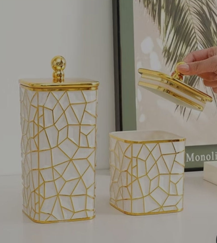 3-Piece Geometric Airtight Storage Jar Set (Luxury White & Gold) - My Store