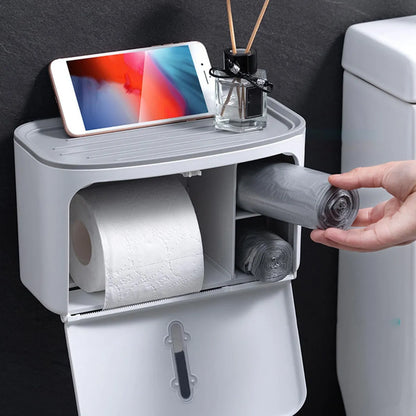 2-Tier Waterproof Wall-Mounted Toilet Paper Holder with Shelf - My Store