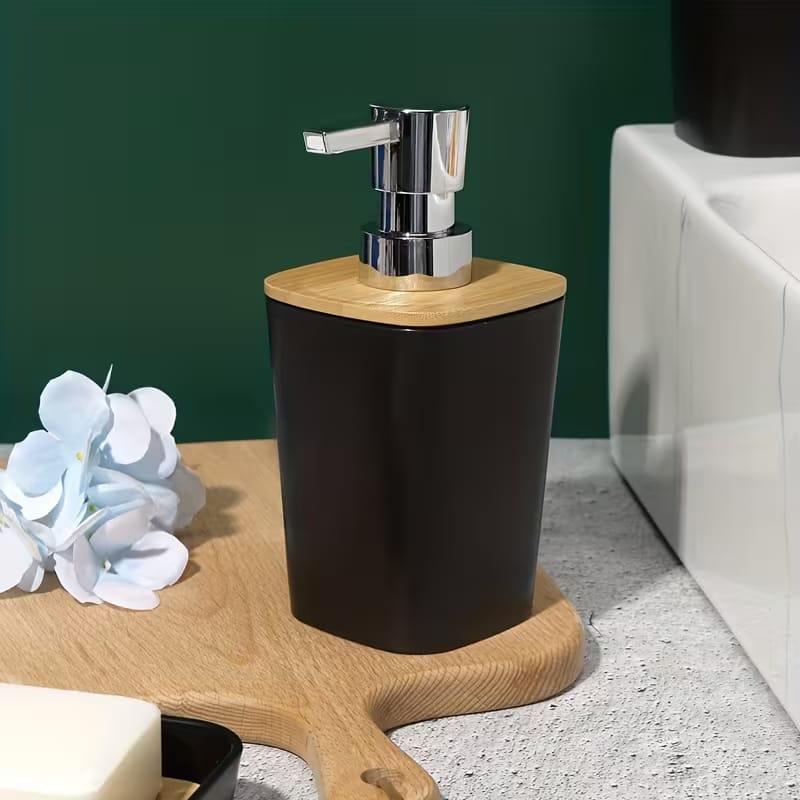 Modern 4-Piece Bathroom Accessory Set – Bamboo & White/Black