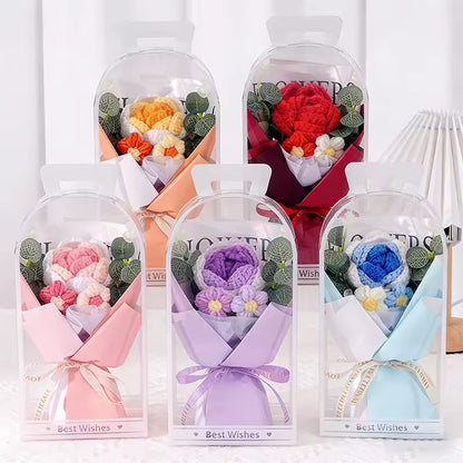 Everlasting Hand-Woven Crochet Flower Bouquet with Mini Bear