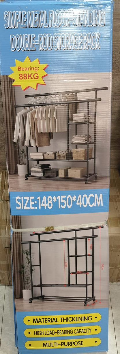Multifunctional Double-Rod Rolling Garment Rack with Side Shelves - My Store