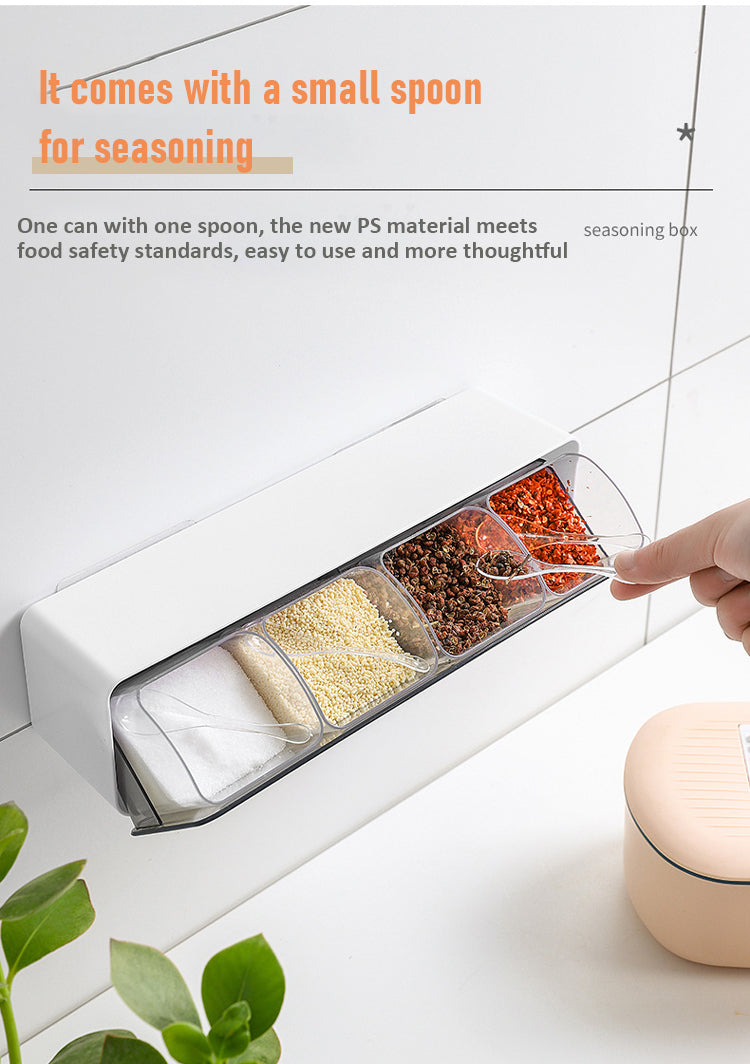 Wall-Mounted 4-Compartment Seasoning Box | No-Drill Kitchen Spice Organizer