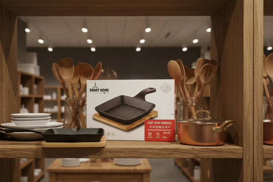 Danny Home Premium Cast Iron Square Griddle Pan with Wooden Base (15cm) - My Store