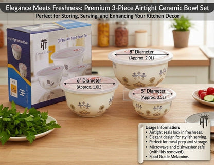 3-Piece Airtight Melamine Bowl Set with Lids – Food Storage & Serving Bowls