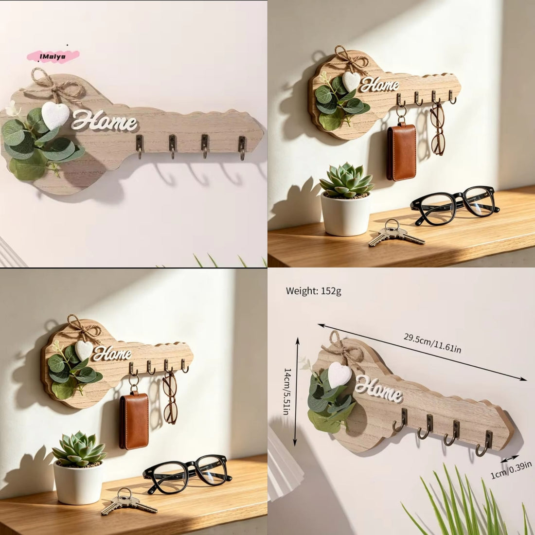 Aesthetic Key-Shaped Wooden Wall Key Holder with 4 Hooks